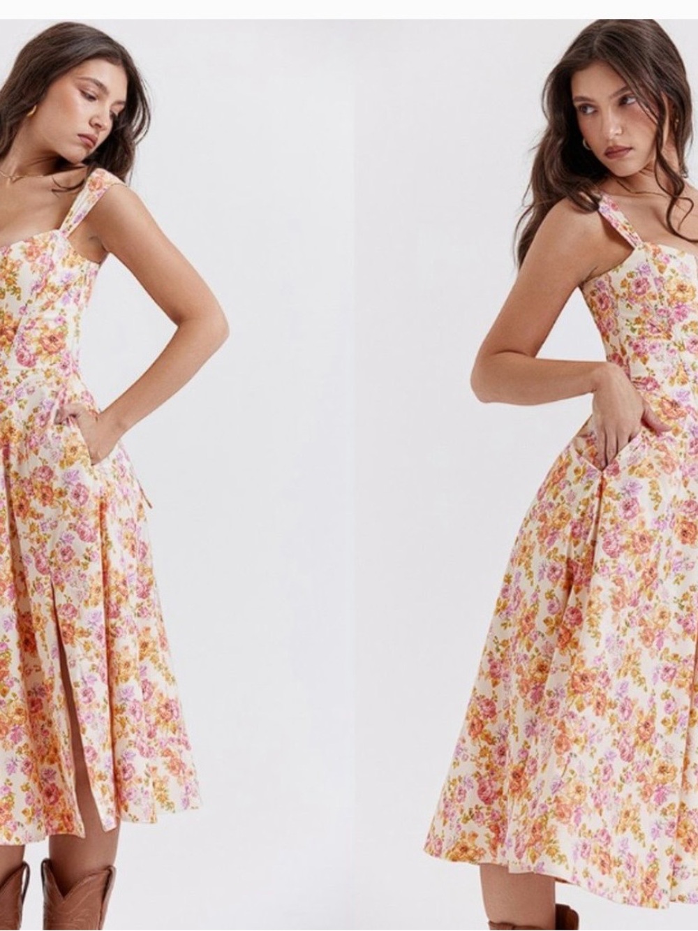 House of CB (“Saira Dress”) Pink & Yellow Floral Midi Dress NWT - Picture 1 of 3
